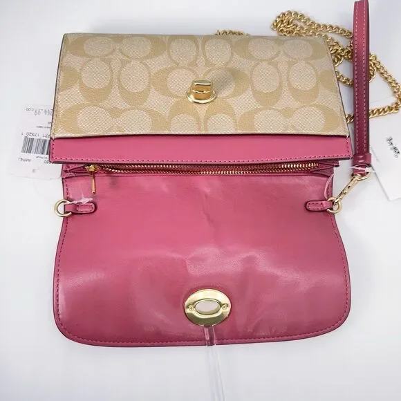 COACH Chain Crossbody in Signature Canvas F24280 Light Khaki/Rouge/Gold Wristlet